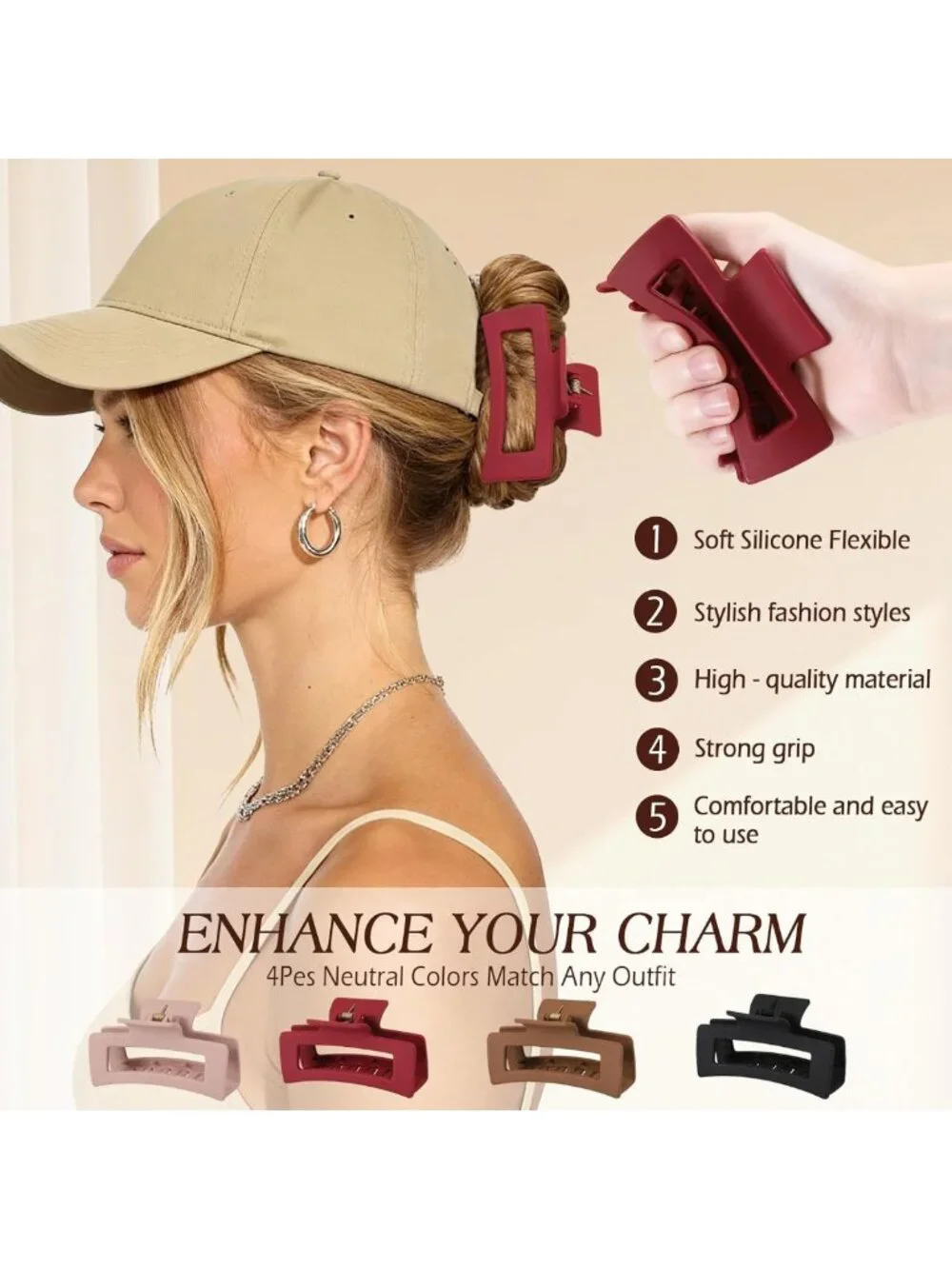 4 Pcs Flexible Claw Hair Clips - Soft, Non-Slip Hold for All Hair Types, Brown
